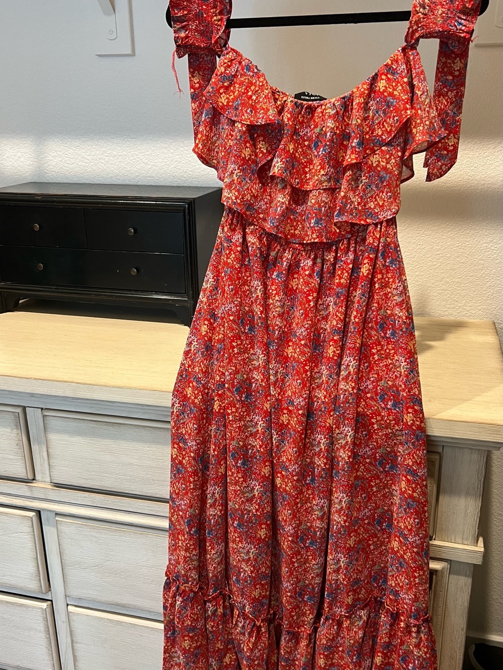Vici Red Floral Ruffle Midi Dress